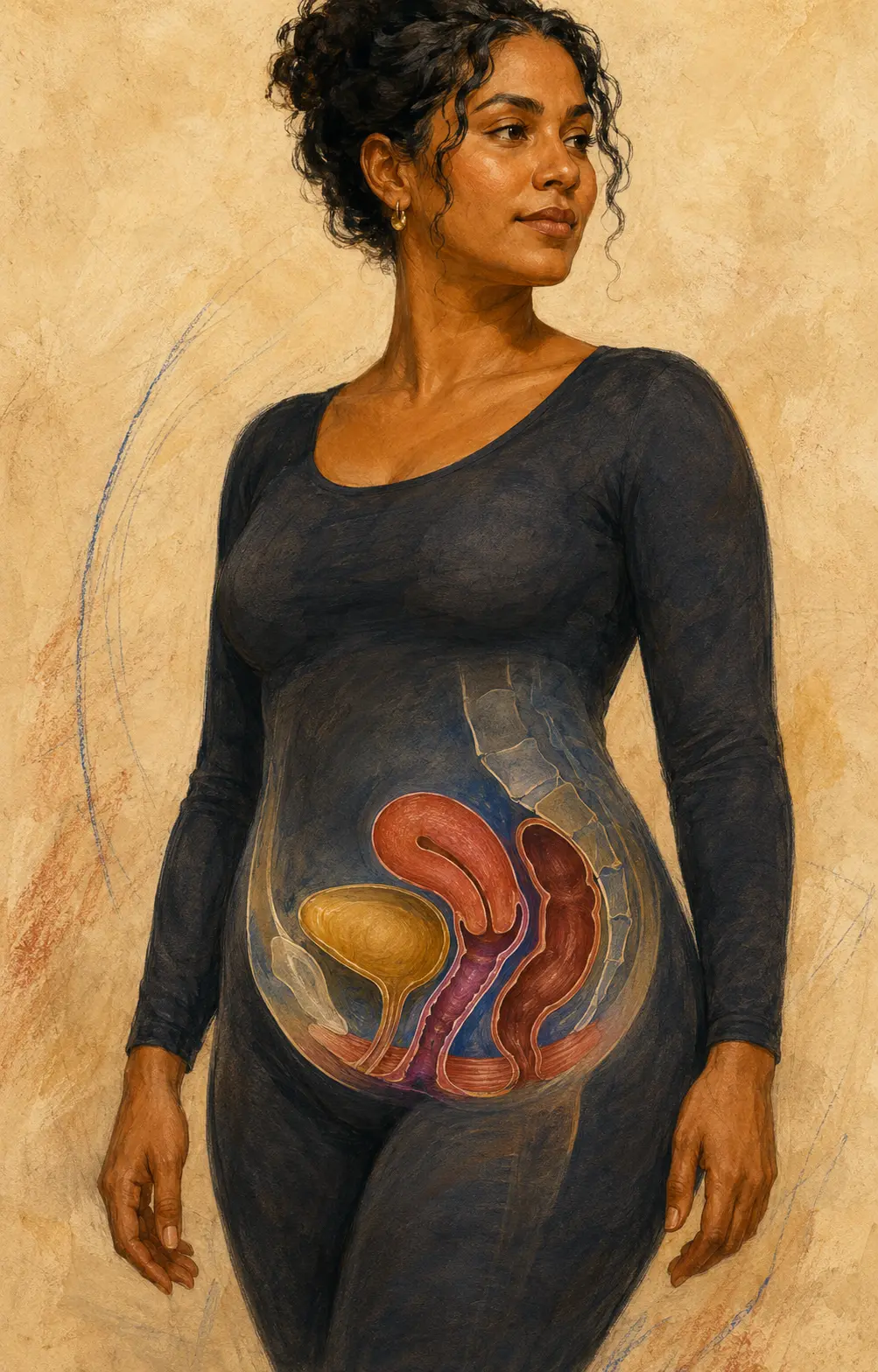 A realistic painted portrait with an educational pelvic orientation overlay, introducing natural vulvar variation without displaying detailed external anatomy unexpectedly.