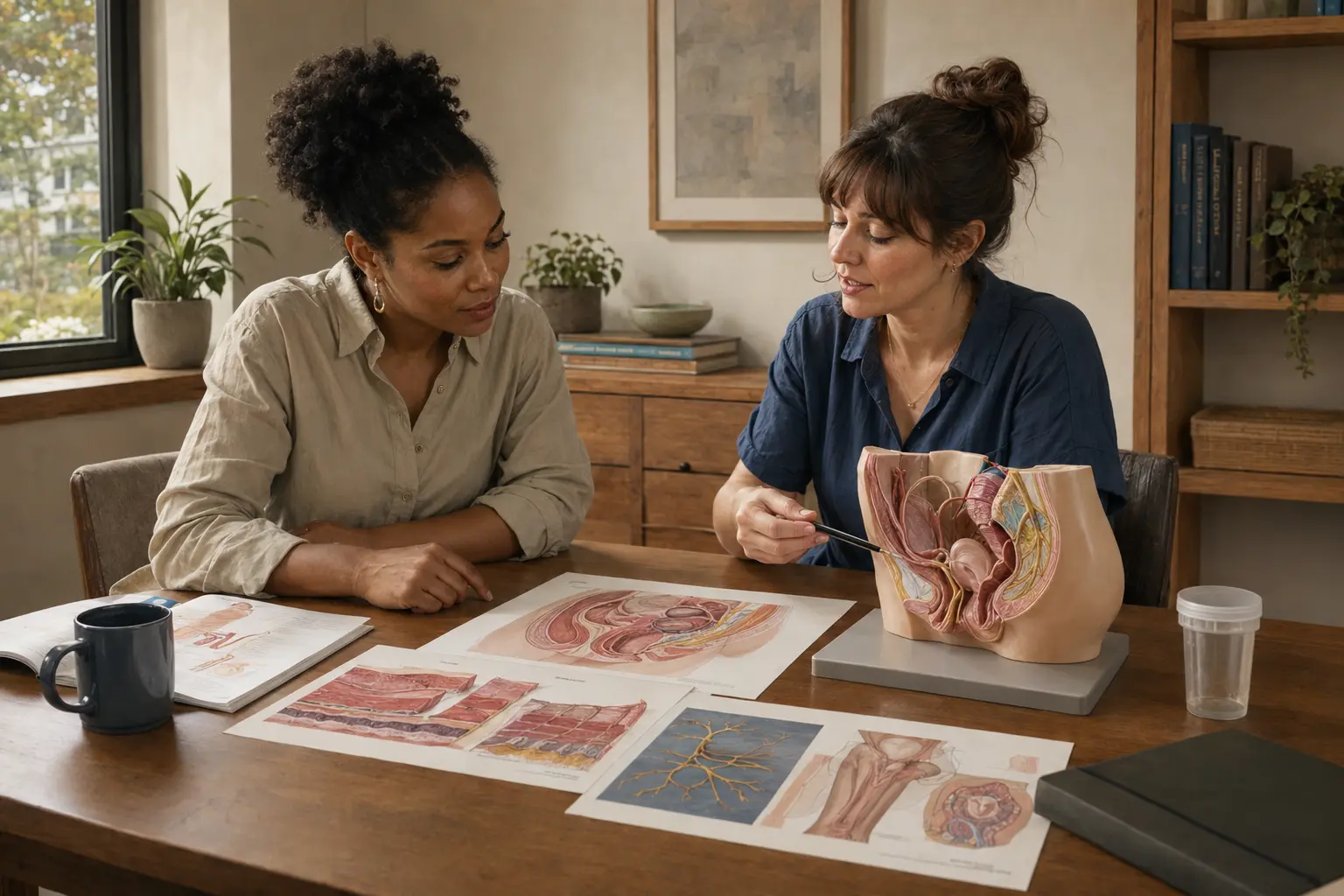 A health educator and visitor use anatomical models and printed diagrams to understand connected tissue, muscles, nerves, hormones, and nearby organs.