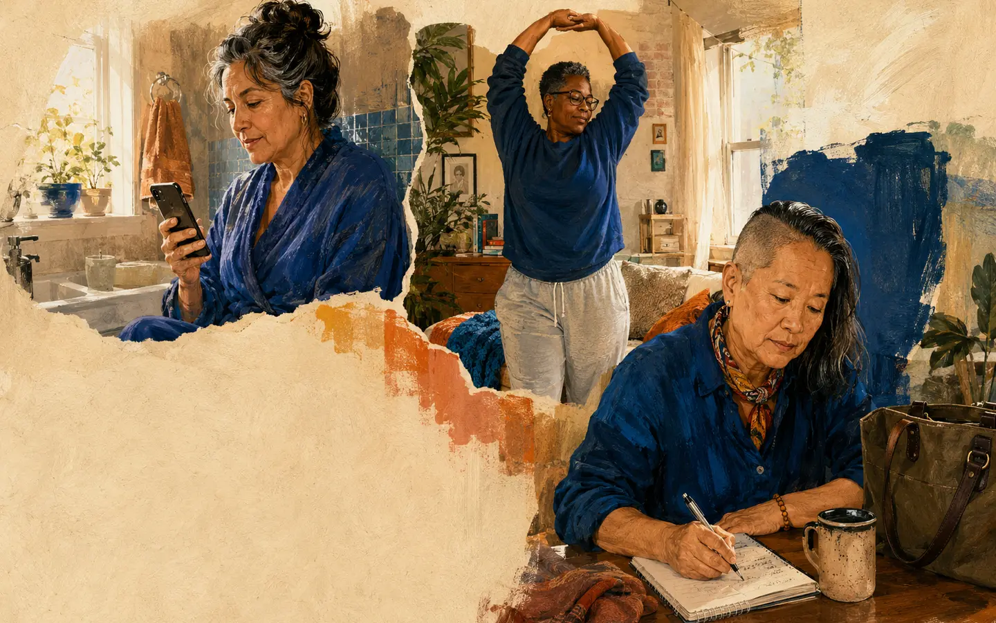 A realistic painted editorial scene of people in different life stages learning about their bodies, caring for themselves, and preparing for a health conversation.