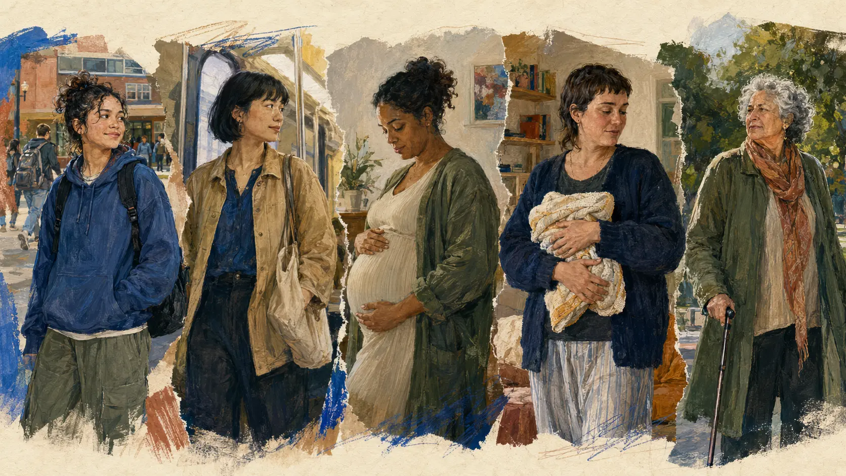 Hand-painted collage of five fully clothed people across puberty, adulthood, pregnancy, postpartum recovery, and older adulthood, including varied bodies and a person using a cane.