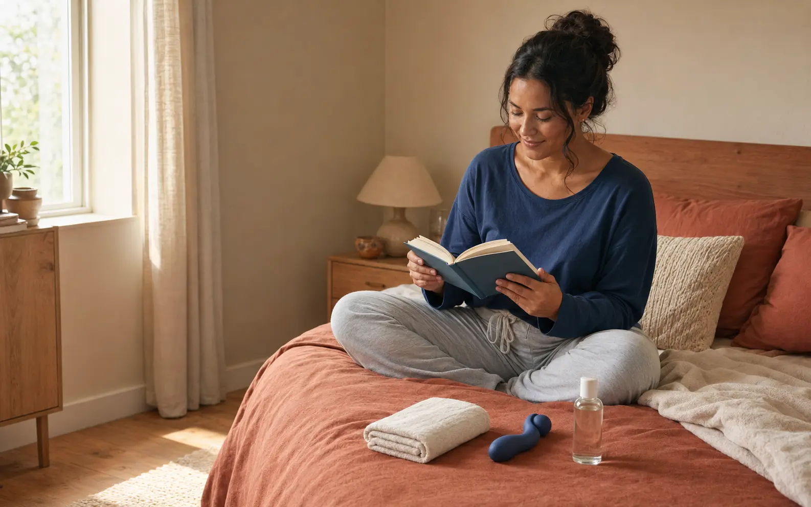 An adult in comfortable clothing privately reads about self-pleasure with an external vibrator, lubricant, and folded towel nearby.