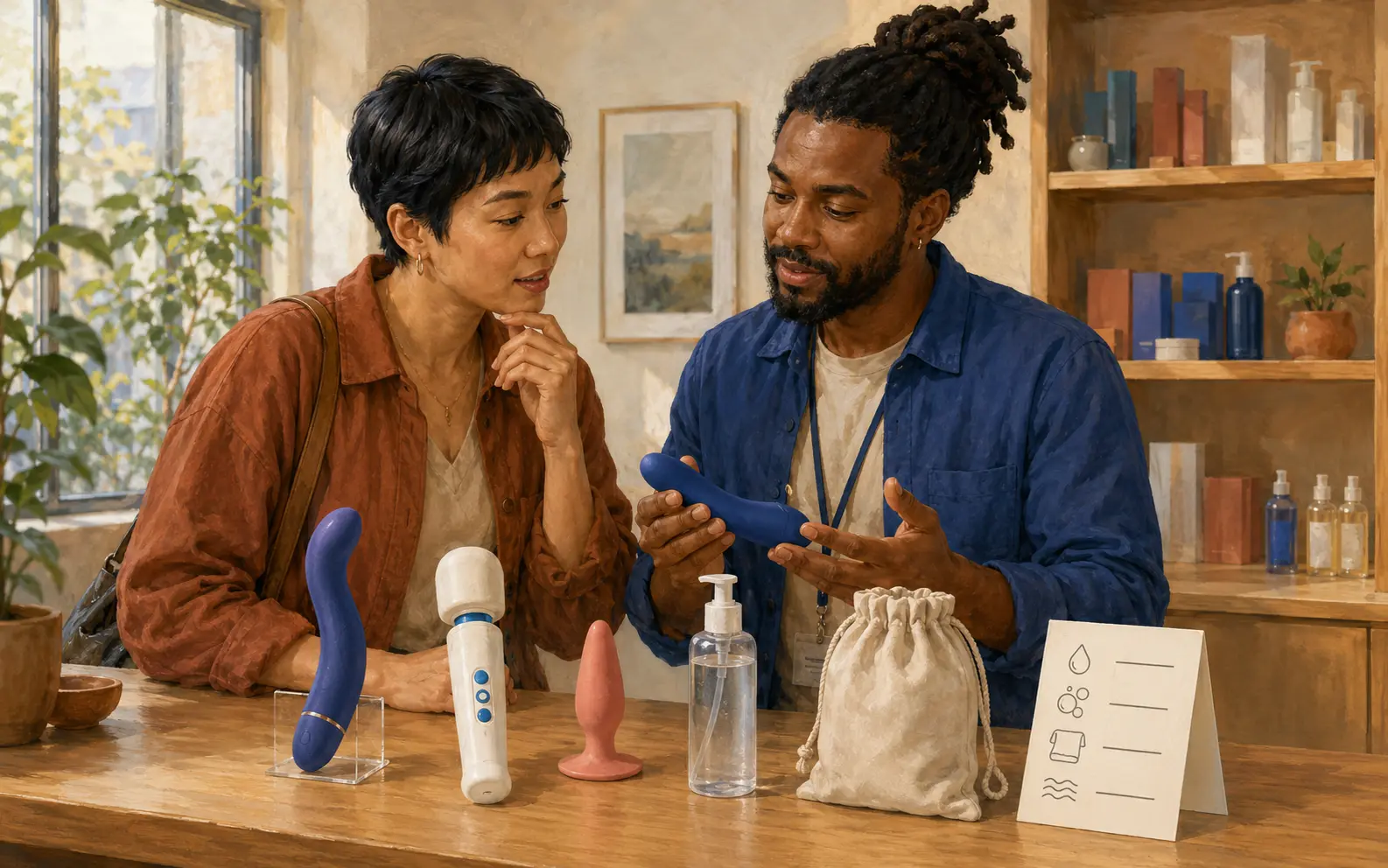 An adult shopper and sexual-wellness educator compare unbranded toys, controls, lubricant, storage, and cleaning needs.